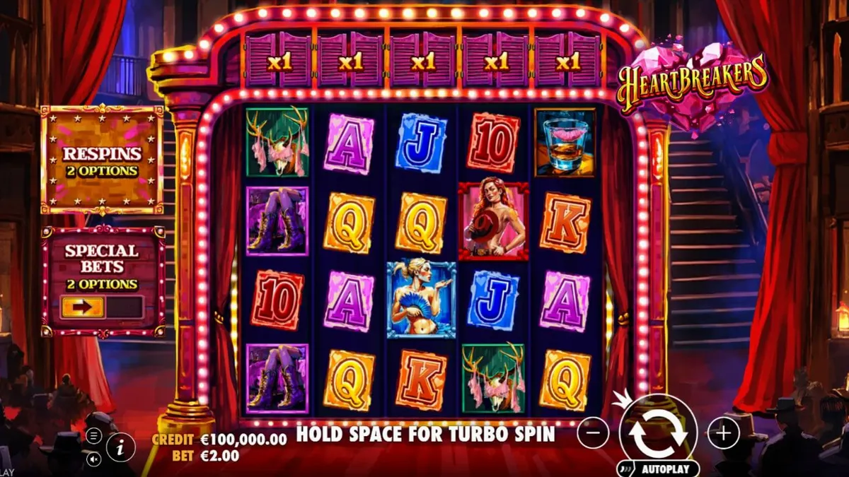 Tampilan visual slot Heartbreakers dengan nuansa burlesque dan koboi