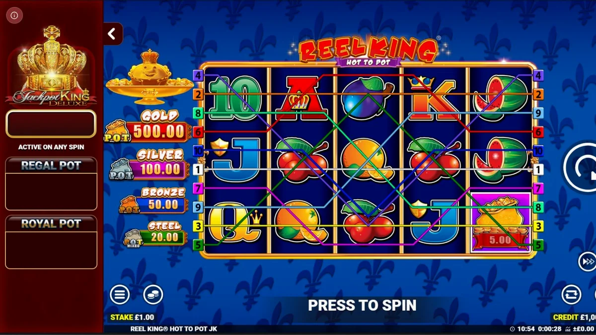 Tampilan visual slot Reel King: Hot to Pot dengan nuansa emas dan buah-buahan klasik