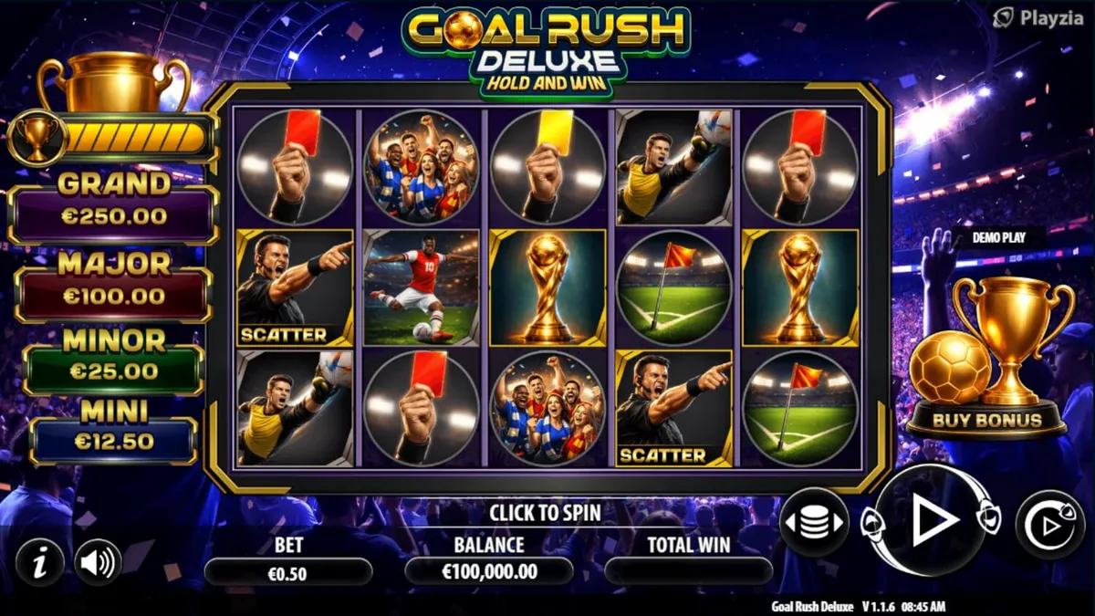 Tampilan visual lapangan stadion dalam slot Goal Rush Deluxe Hold and Win